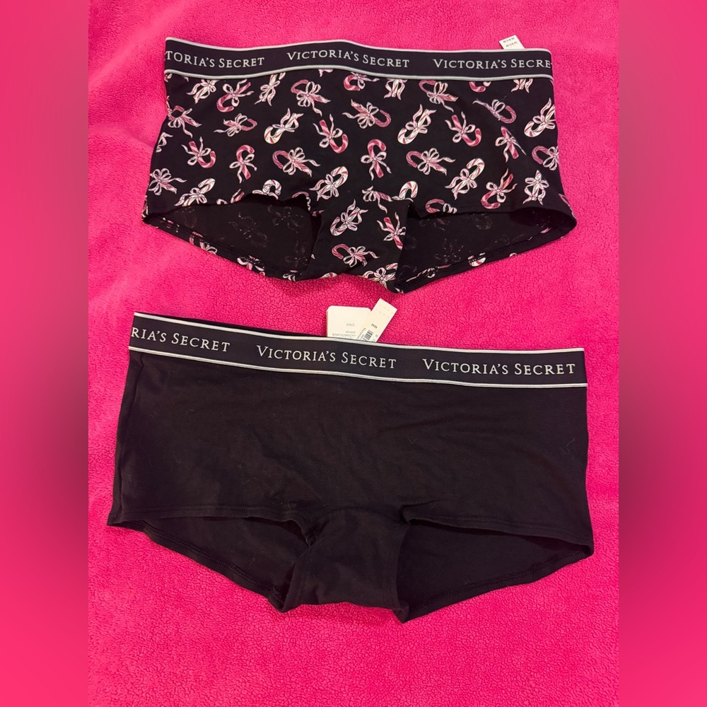 2 New Victoria's Secret Black Cotton Boyshorts with Logo Waistband